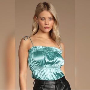 Fashionably Fierce Mint Blue Satin Tie-Strap Ruched Bodysuit